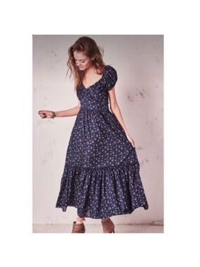 LoveShackFancy Angie Blue Floral Puff Sleeve Midi Dress size 0